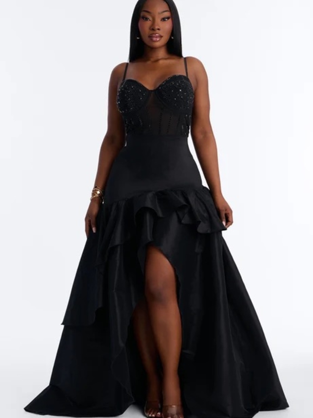 Fashion Nova Black Beaded Bustier High-Low Gown